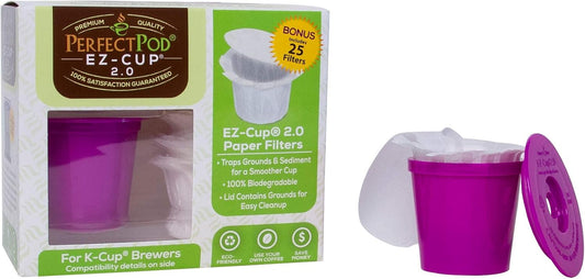 Ez-Cup 2.0 Starter Pack | 1-Stream Reusable K Cup Coffee Pod Capsule with 25 Disposable Paper Filters (Starter Pack)