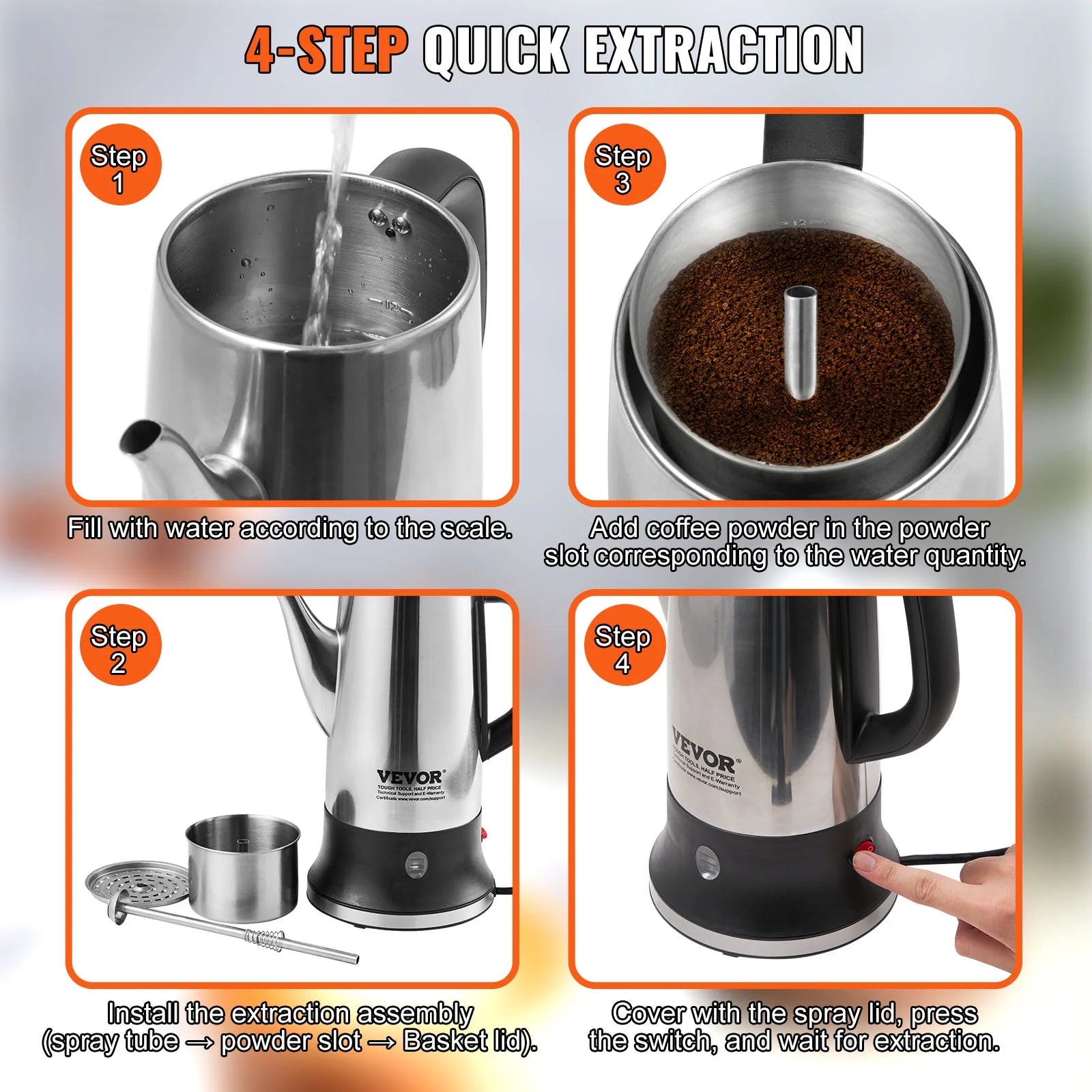 12-Cup 304 Stainless Steel Coffee Percolators Coffee Pot Coffee Maker Electric Coffee Percolator 1000W Automatic Keep-Warm & Split Power Base