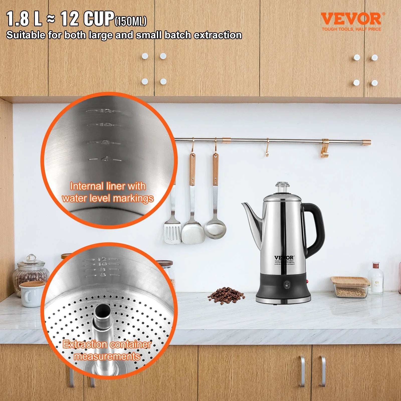 12-Cup 304 Stainless Steel Coffee Percolators Coffee Pot Coffee Maker Electric Coffee Percolator 1000W Automatic Keep-Warm & Split Power Base