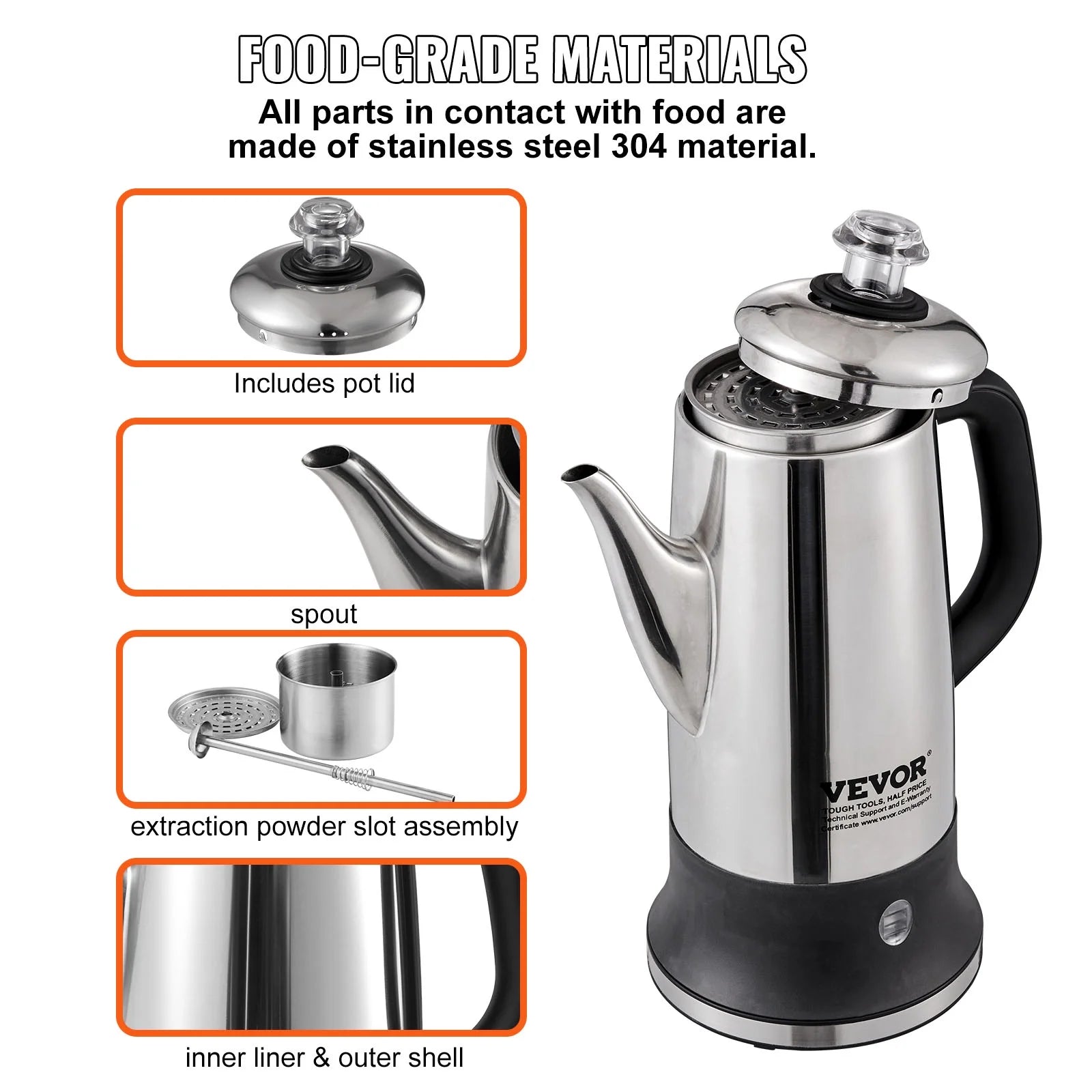 12-Cup 304 Stainless Steel Coffee Percolators Coffee Pot Coffee Maker Electric Coffee Percolator 1000W Automatic Keep-Warm & Split Power Base