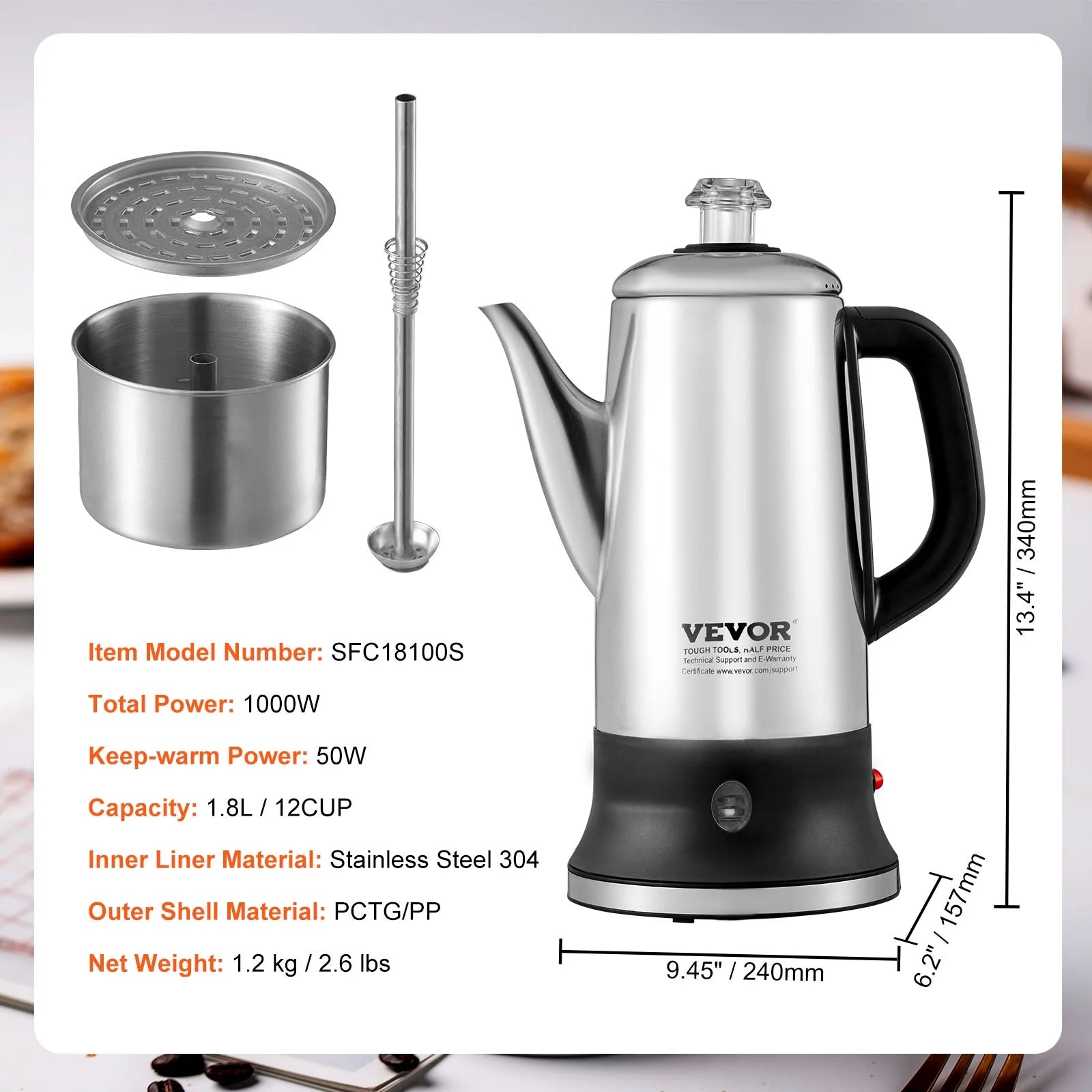 12-Cup 304 Stainless Steel Coffee Percolators Coffee Pot Coffee Maker Electric Coffee Percolator 1000W Automatic Keep-Warm & Split Power Base